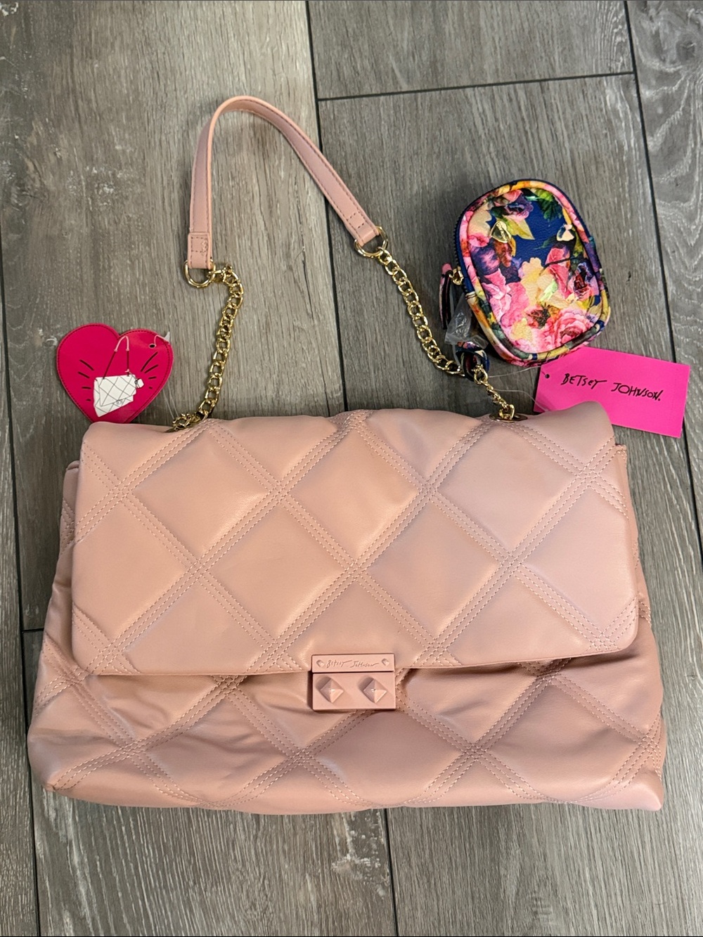 Betsey Johnson Pink Quilted Chain-Handle Shoulder Bag with Floral Charm
